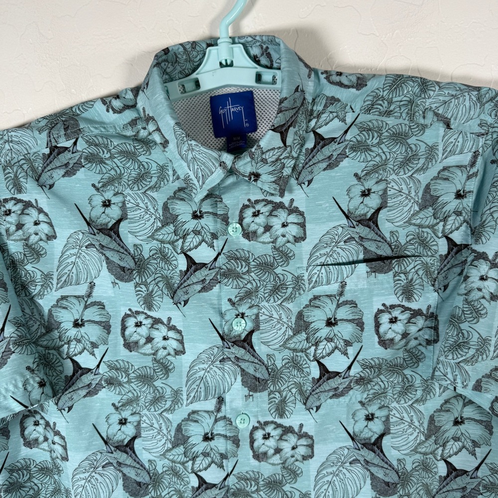 Guy Harvey Fishing Shirt Mens Medium Blue Marlin Floral Short Sleeve Button Up
